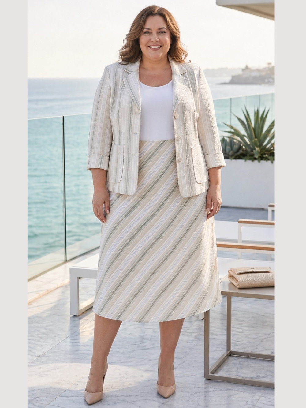ADRIANNA PAPÉLL Striped 3/4 Sleeve Blazer and Skirt Set - Size 20W